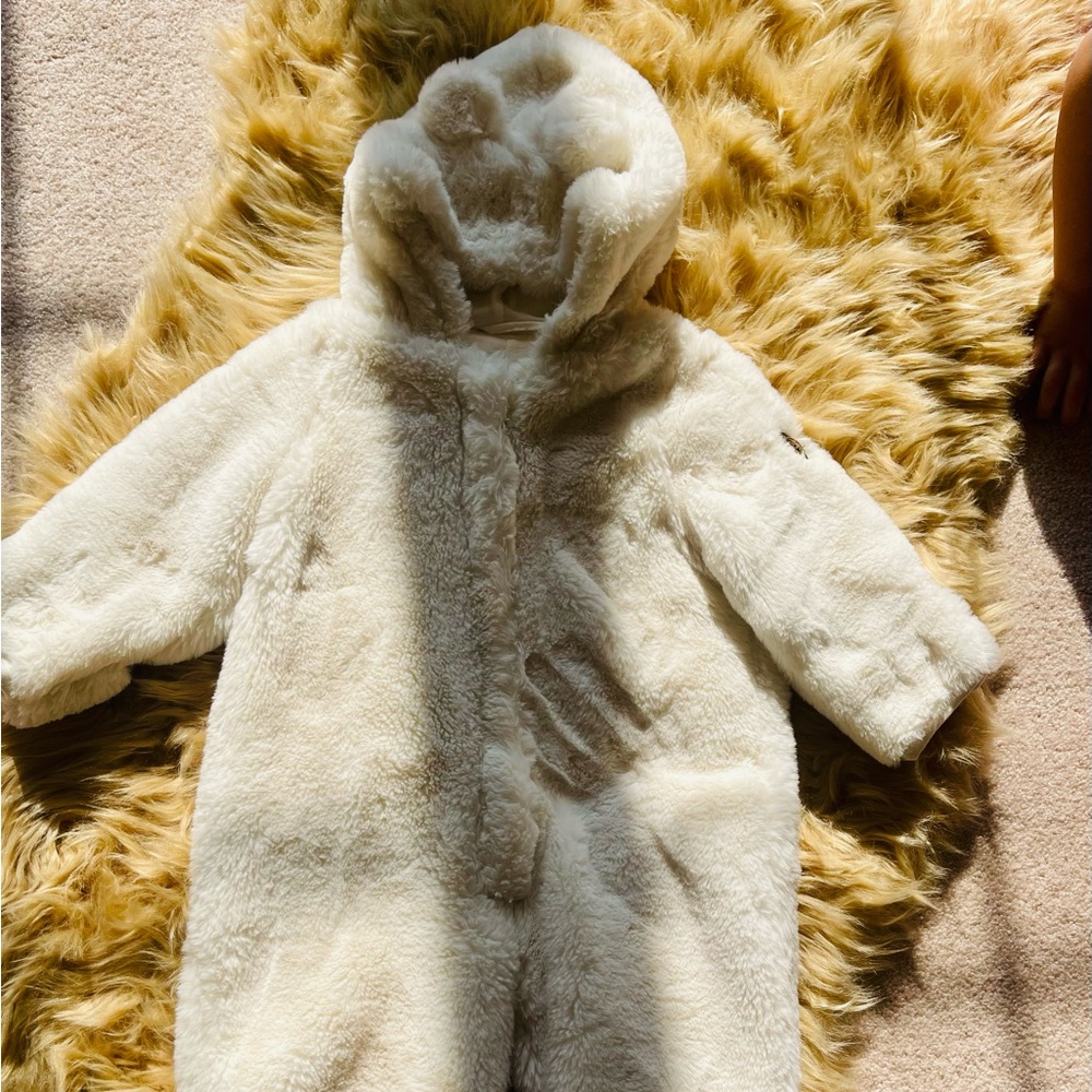 Baby boy or girl hooded fleece coverall size 12M beige